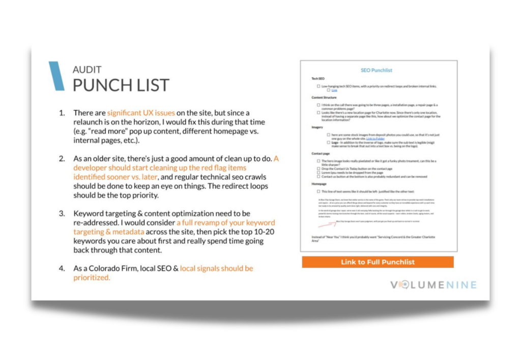 SEO Audit - go forward punchlist and roadmap